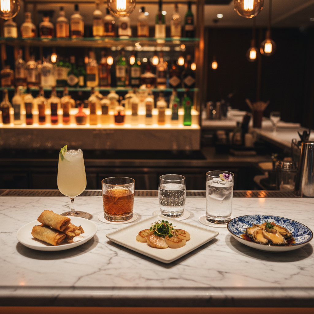 A polished marble bar counter in a stylish Hong Kong restaurant, topped with three distinct cocktails and two small sharing plates, arranged as if for different dining occasions: casual drinks, date night, and celebratory gathering. One drink is a crystal-clear highball with a single large ice cube, another a deep amber drink in a cut-glass tumbler, and the third a tall, pale citrus cocktail in a slender glass. The sharing plates feature crisp fried bites and a refined cold dish on fine porcelain. Warm, low ambient lighting from overhead pendants and backlit bottle shelves in the bokeh background create a luxurious, evening ambiance. Photographic realism, shot from a slightly elevated angle, conveys an intimate, sophisticated mood suitable for nightlife and budget-versus-luxury guides.