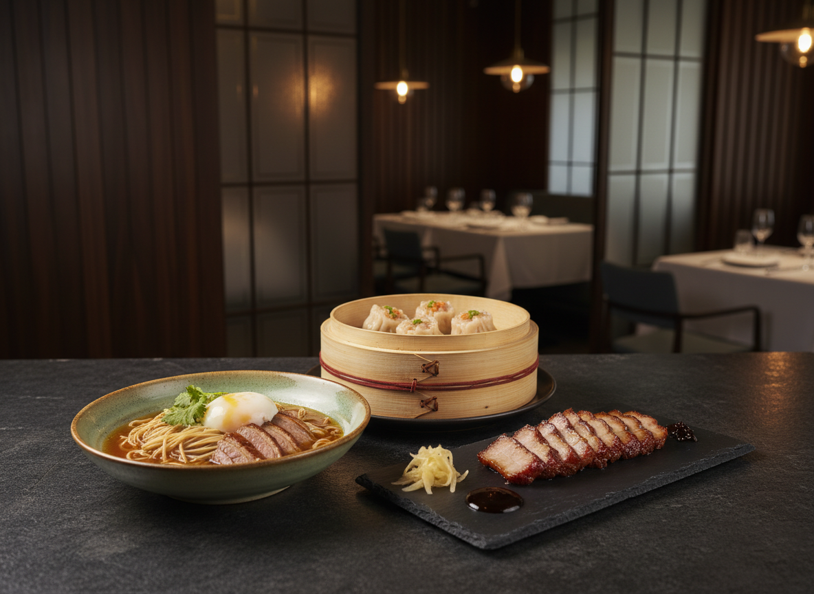 A meticulously plated selection of modern Hong Kong dishes arranged on a dark stone tabletop in a refined restaurant setting. A lacquered bamboo steamer with delicate dumplings, a shallow ceramic bowl of amber broth noodles, and a minimalist rectangular plate with artfully sliced char siu share the frame. In the softly blurred background, sleek wood paneling, frosted glass partitions, and neatly set tables hint at an upscale dining room. Warm pendant lighting from above casts gentle highlights on glossy sauces and ceramic rims, creating subtle reflections. Shot at an eye-level, three-quarter angle with shallow depth of field, in photographic realism, the mood is sophisticated and inviting, ideal as a hero image for a food review blog.