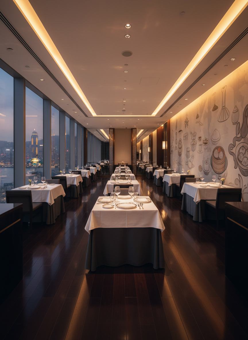A panoramic, photographic interior of an upscale Hong Kong restaurant dining room, captured from the entrance looking inward. Polished dark wood floors lead to neatly arranged tables set with crisp white linens, fine porcelain plates, and gleaming cutlery. Along one side, large windows reveal a softly blurred city skyline at dusk, while the opposite wall features a subtle, contemporary mural inspired by local food culture. Ceiling-mounted warm spotlights and soft cove lighting bathe the scene in a golden glow, creating gentle reflections on glassware. The composition has strong leading lines pulling the eye through the space, with sharp focus in the foreground gradually softening toward the back. The mood is sophisticated and serene, ideal for conveying ambiance-focused restaurant reviews and occasion-based dining guides.