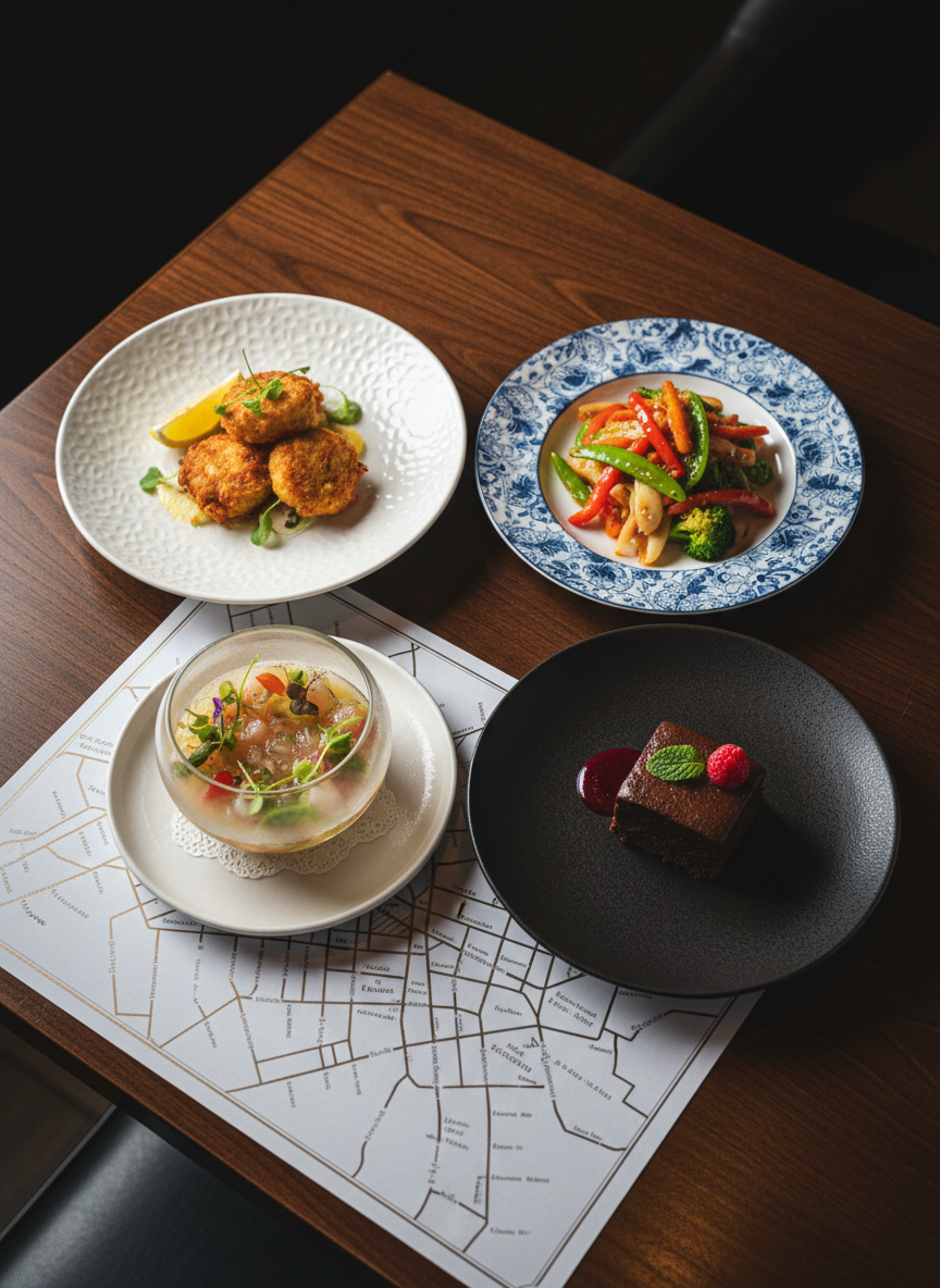 An elegant overhead photographic view of a restaurant table set for a tasting menu, featuring four contrasting small plates: a crisp golden seafood appetizer, a vibrant vegetable stir-fry, a minimalist cold dish in a frosted glass bowl, and a petite dessert on matte black porcelain. The table is a smooth, dark walnut surface with a discreet city map-style placemat hinting at neighborhood dining guides. Diffused warm light from invisible ceiling fixtures creates soft, even illumination with gentle shadows, emphasizing textures without harsh glare. The composition uses clean lines and negative space, with subtly blurred edges to keep focus on the dishes. The atmosphere is polished and editorial, suggesting curated food recommendations and sophisticated restaurant reviews.