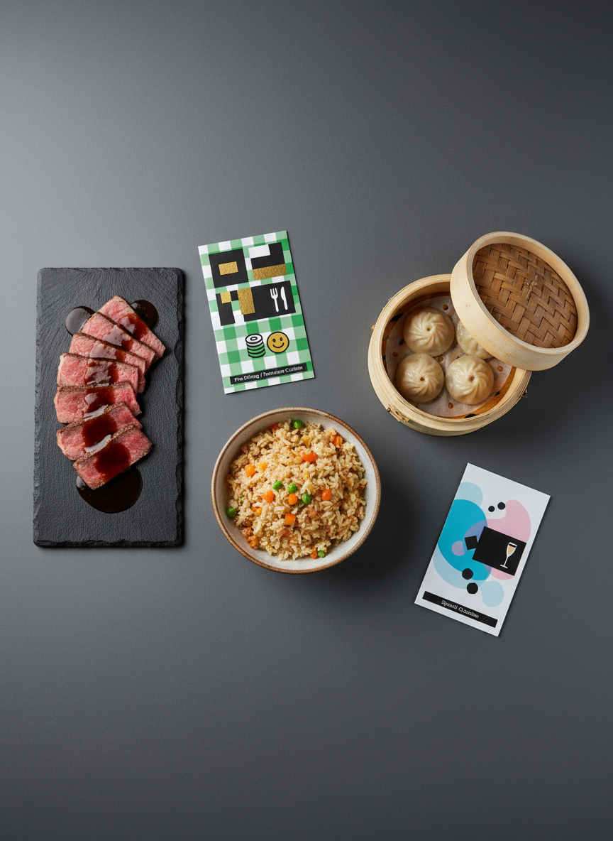 A curated tabletop scene showing a variety of menus and dish samples arranged to represent dining filters by cuisine, budget, and occasion. On a smooth charcoal-gray table, a minimalist slate board holds artfully sliced premium steak with a glossy reduction; beside it, a simple ceramic plate presents an affordable, comforting rice dish with colorful vegetables, and a small bamboo steamer offers dim sum bites. Next to each plate rests a different style of menu, but without readable text, only abstract graphic blocks and icons suggesting categories. Overhead, soft, evenly diffused studio lighting creates clear, detailed visibility and gentle shadows. Captured from a directly overhead, flat-lay perspective in photographic realism, the mood is organized and analytical yet still appetizing, perfect for illustrating smart restaurant search and recommendation tools.