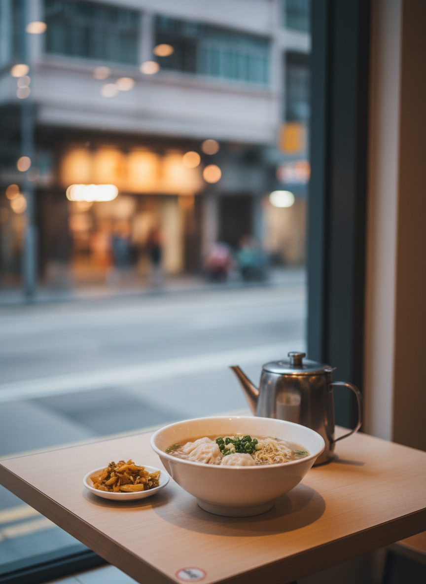 A quiet corner table by a large window in a neighborhood Hong Kong eatery, photographed in realistic detail. On the simple light-wood table sits a single, beautifully composed meal: a steaming bowl of noodle soup in a glossy white ceramic bowl, a small plate of pickled vegetables, and a minimalist metal teapot. Outside the window, softly blurred lights and vague building shapes suggest an urban street without readable signs. Soft late-afternoon natural light pours in, creating a gentle contrast between the warm interior and cooler outdoor tones. The composition is framed using the rule of thirds, with the bowl in sharp focus and background elements delicately blurred. The atmosphere is calm and contemplative, evoking thoughtful, in-depth reviews and local dining discoveries by area and budget.